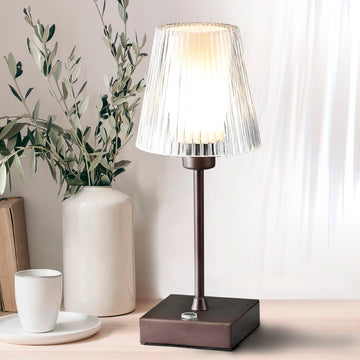 Oscar 12.5" Modern Industrial Rechargeable/Cordless Iron/Acrylic Integrated LED Table Lamp with Ribbed Shade - JONATHAN Y